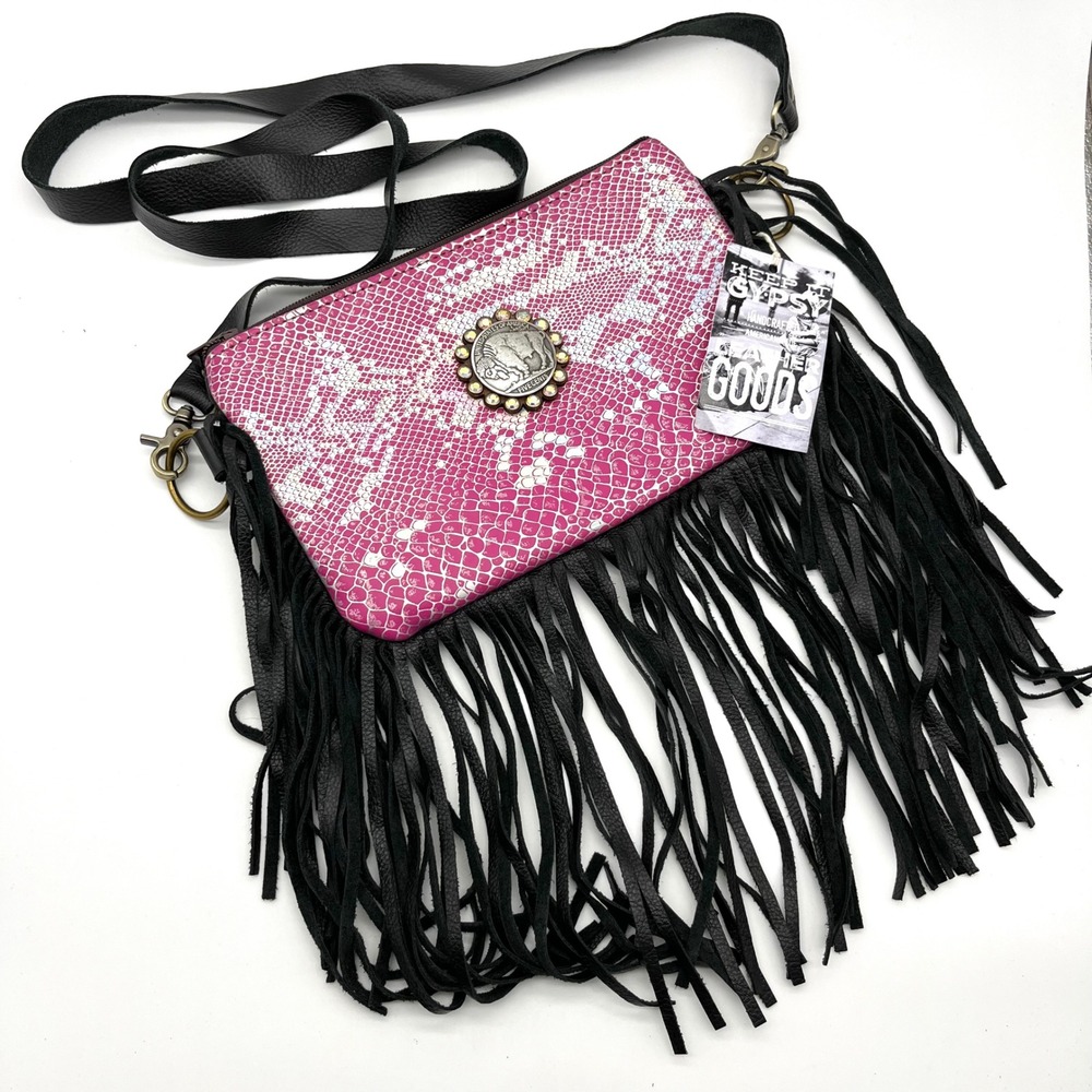 Keep It Gypsy Fringe Crossbody Bag Pink Snakeskin Buffalo Nickel‎ Accent